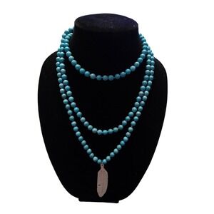56" Boho Turquoise Beaded‎ Necklace with Native Feather Pendant Tri Long Layers